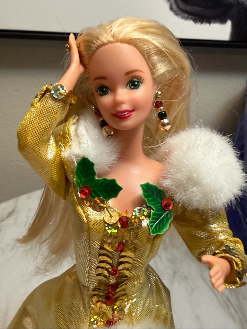 Barbie Mattel 11" Blonde Green Eyes Fashion Doll Gold Dress White Faux Fur Trim